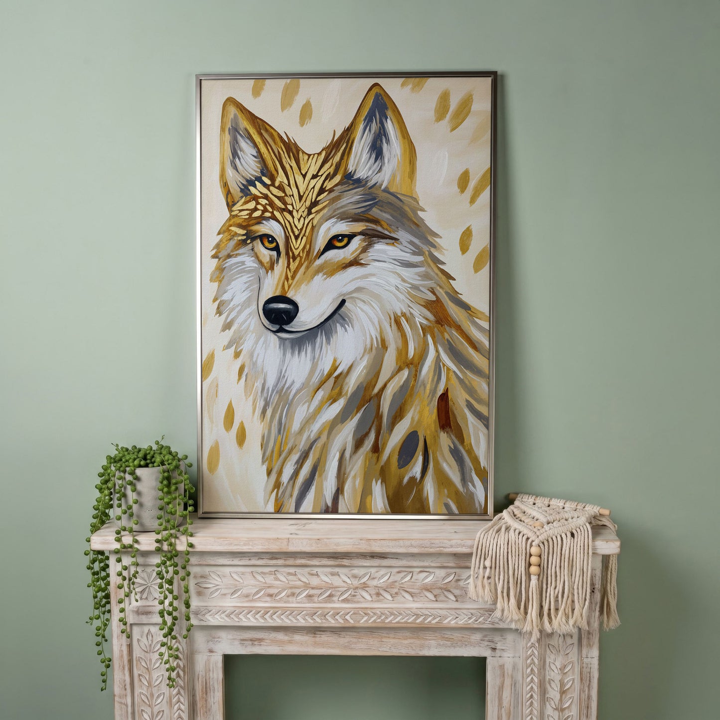 Wolf Portrait Canvas Art with Stylized Golden Elements in silver floating frame