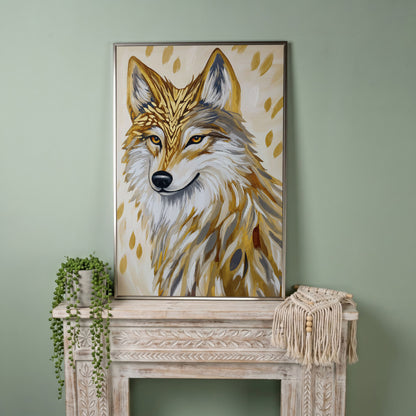 Wolf Portrait Canvas Art with Stylized Golden Elements in silver floating frame