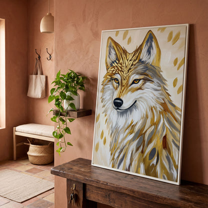 Wolf Portrait Canvas Art with Stylized Golden Elements in white floating frame