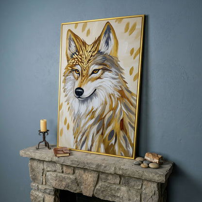 Wolf Portrait Canvas Art with Stylized Golden Elements in yellow gold floating frame