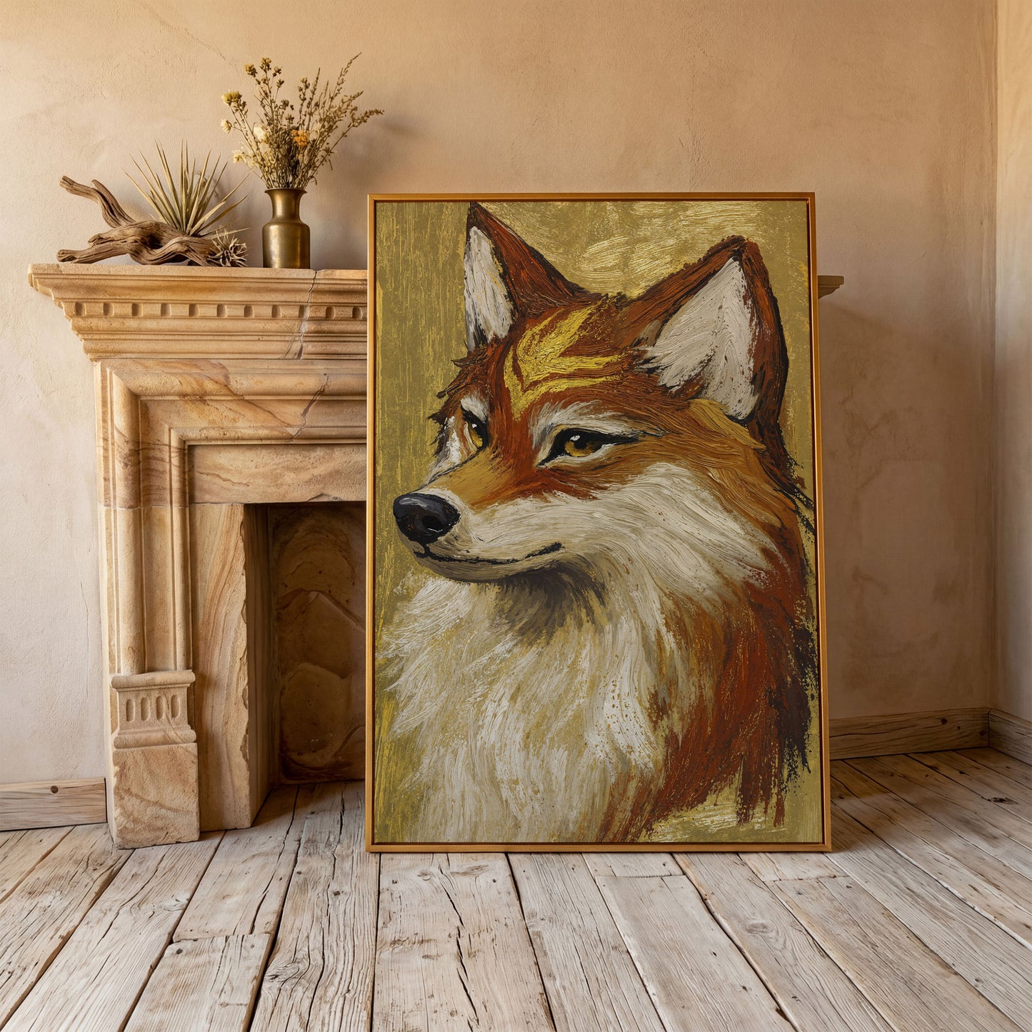 Fox Portrait Canvas Wall Art, Wildlife Animal Print in antique gold floating frame