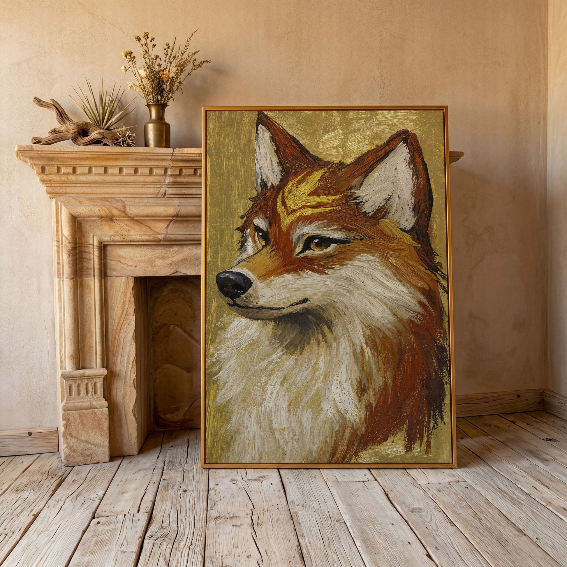 Fox Portrait Canvas Wall Art, Wildlife Animal Print in antique gold floating frame