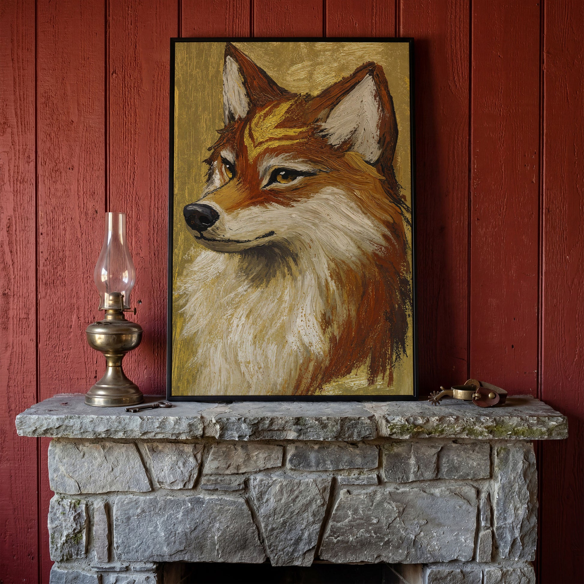 Fox Portrait Canvas Wall Art, Wildlife Animal Print in black floating frame