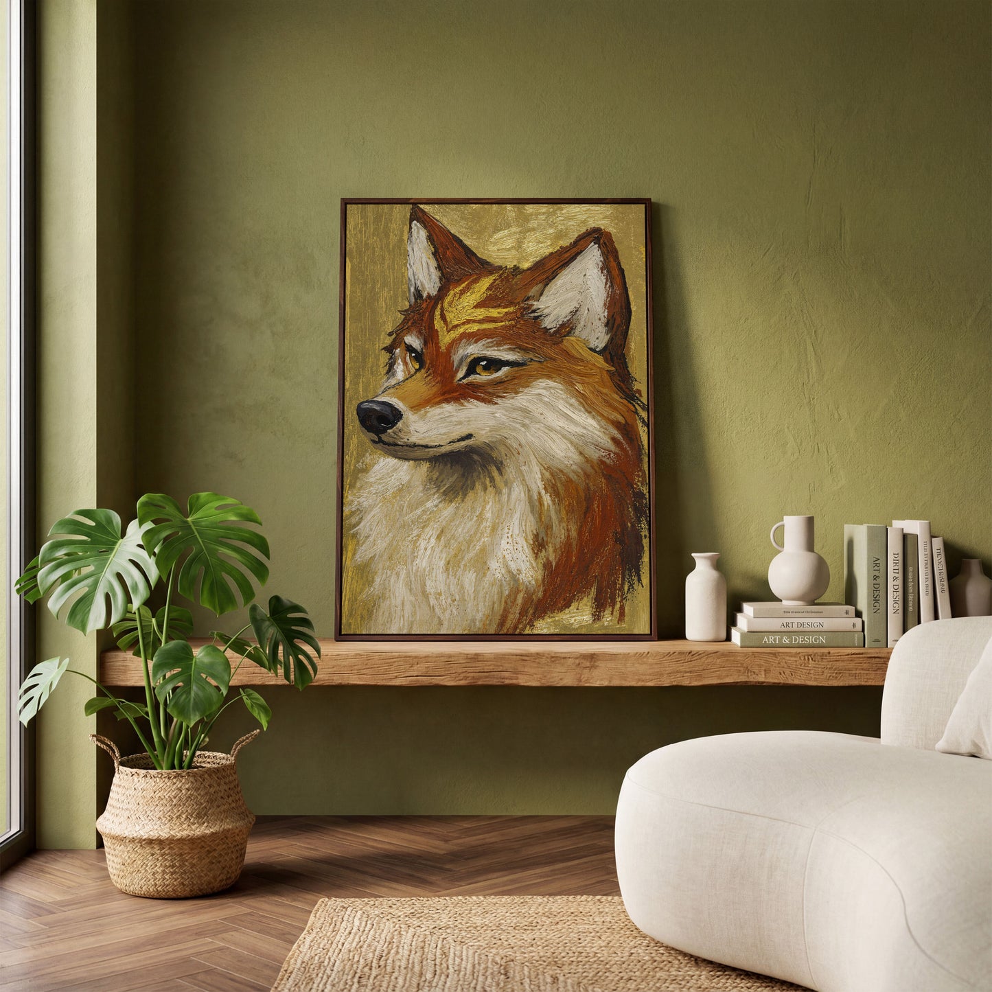 Fox Portrait Canvas Wall Art, Wildlife Animal Print in dark walnut floating frame