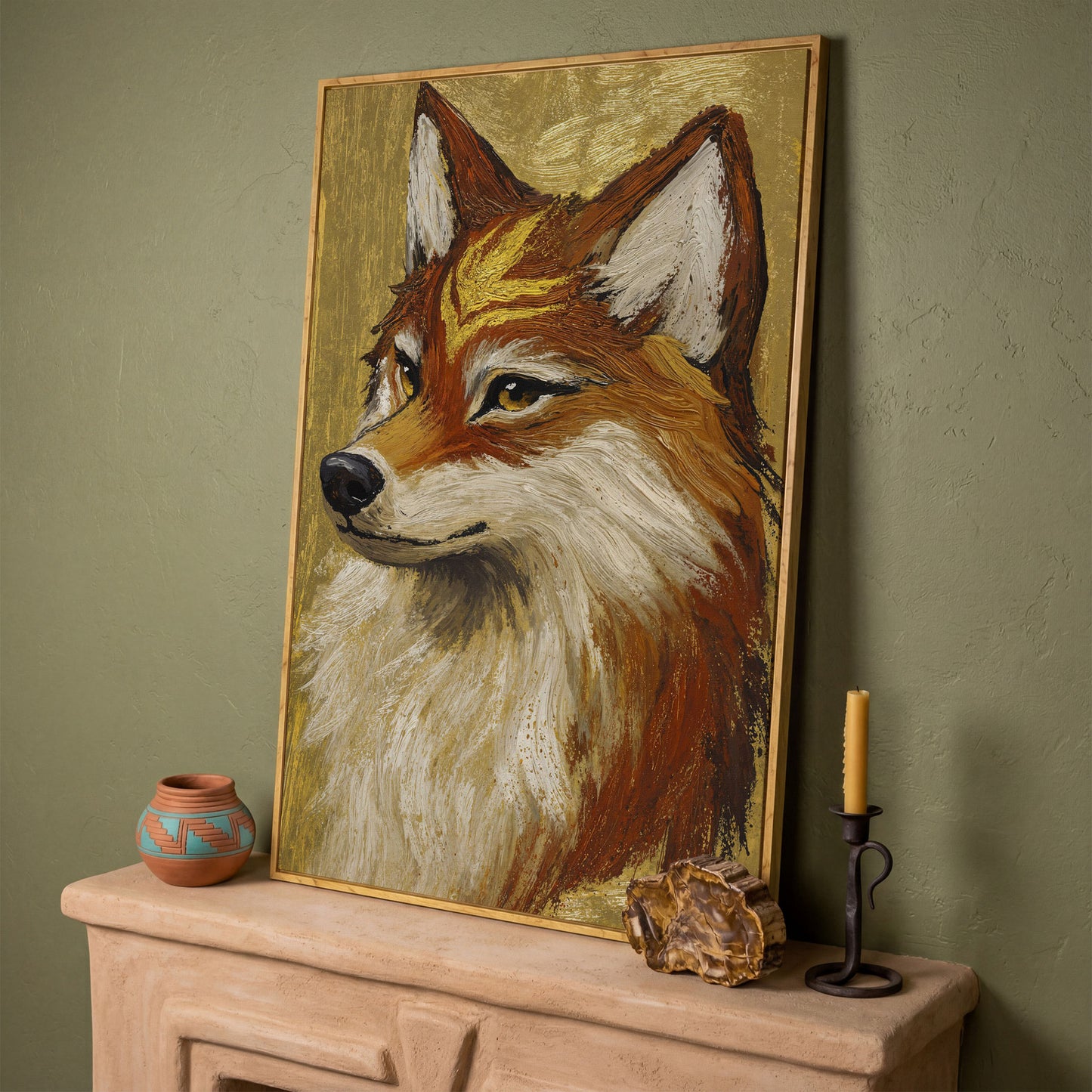 Fox Portrait Canvas Wall Art, Wildlife Animal Print in white oak floating frame