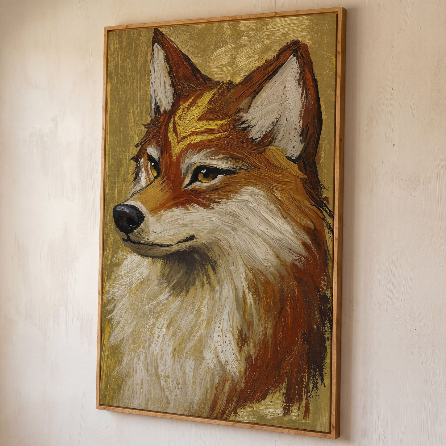Fox Portrait Canvas Wall Art, Wildlife Animal Print shown in white oak floating frame
