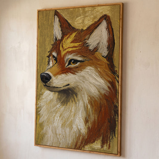 Fox Portrait Canvas Wall Art, Wildlife Animal Print shown in white oak floating frame
