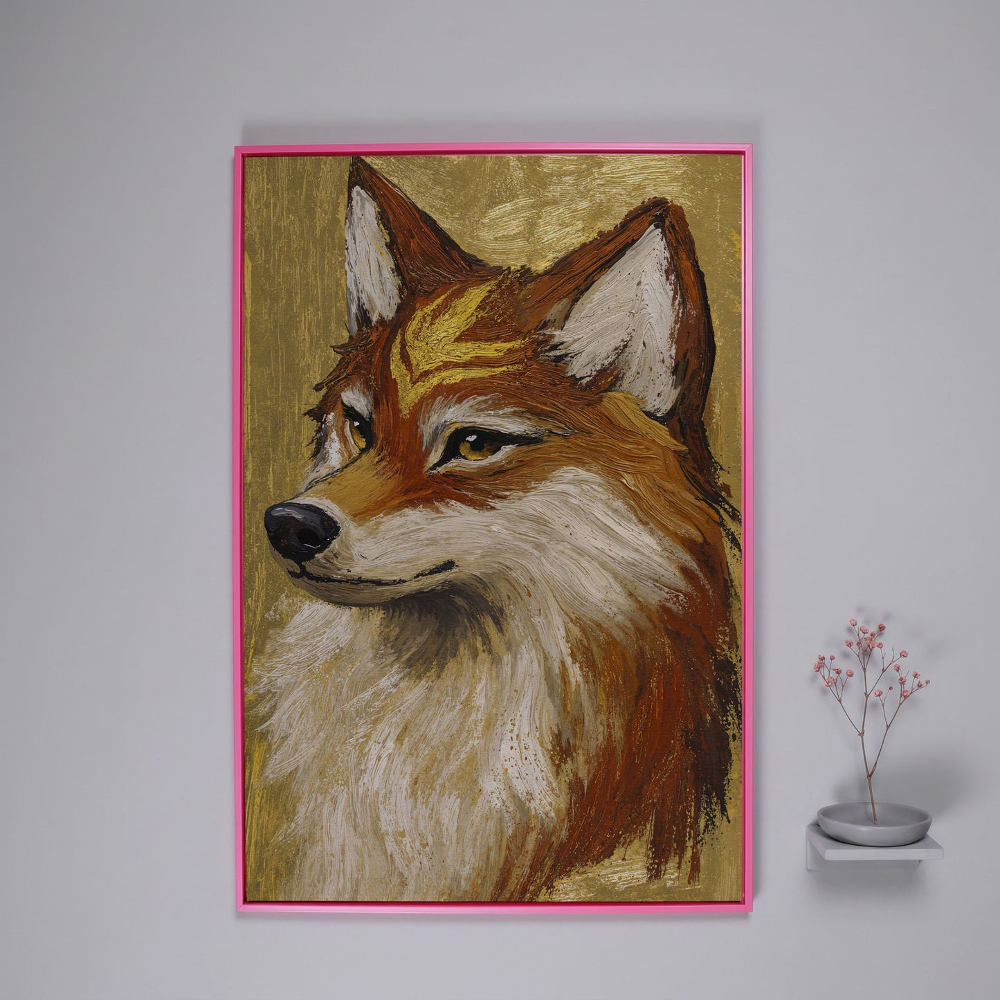 Fox Portrait Canvas Wall Art, Wildlife Animal Print in pink floating frame
