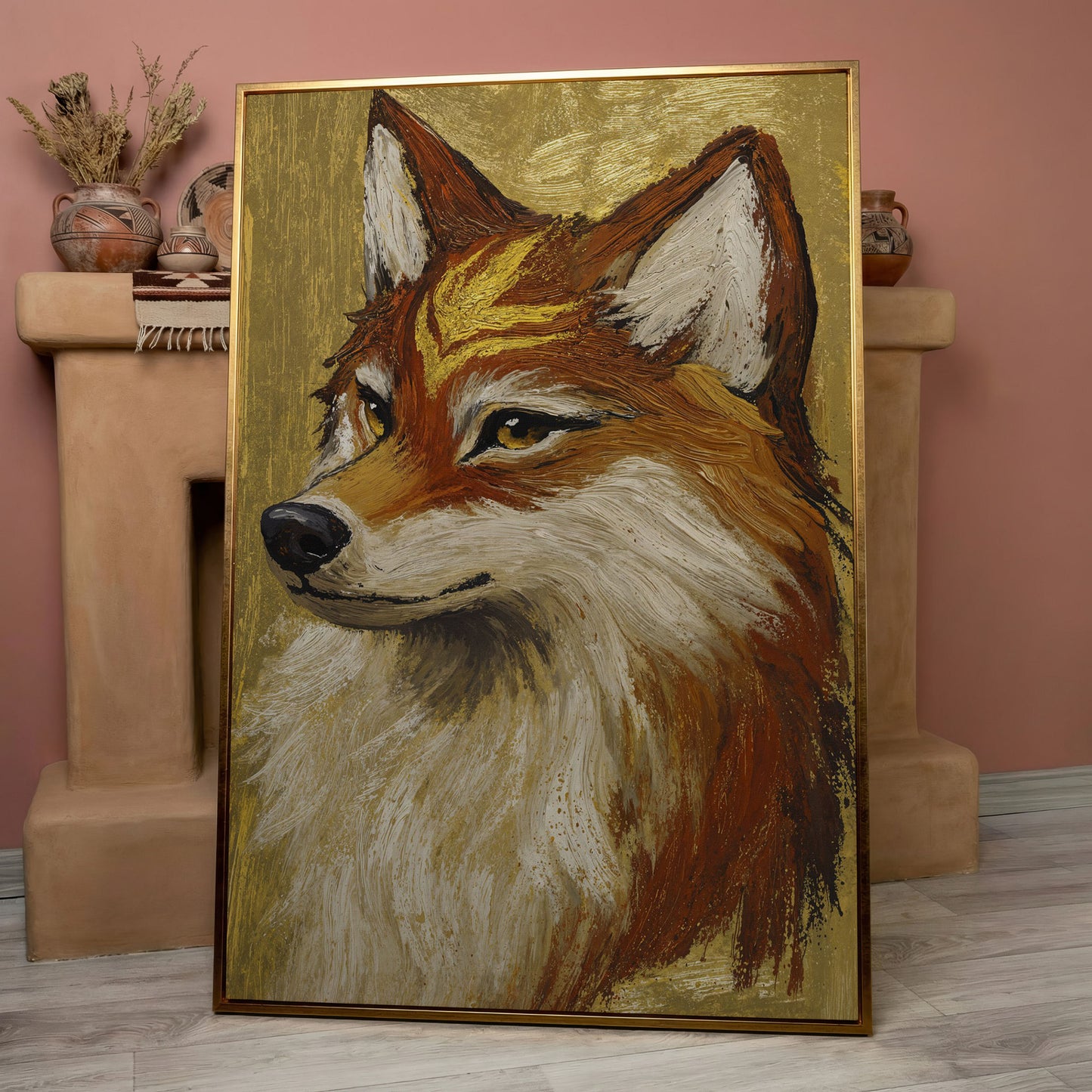 Fox Portrait Canvas Wall Art, Wildlife Animal Print in rose gold floating frame