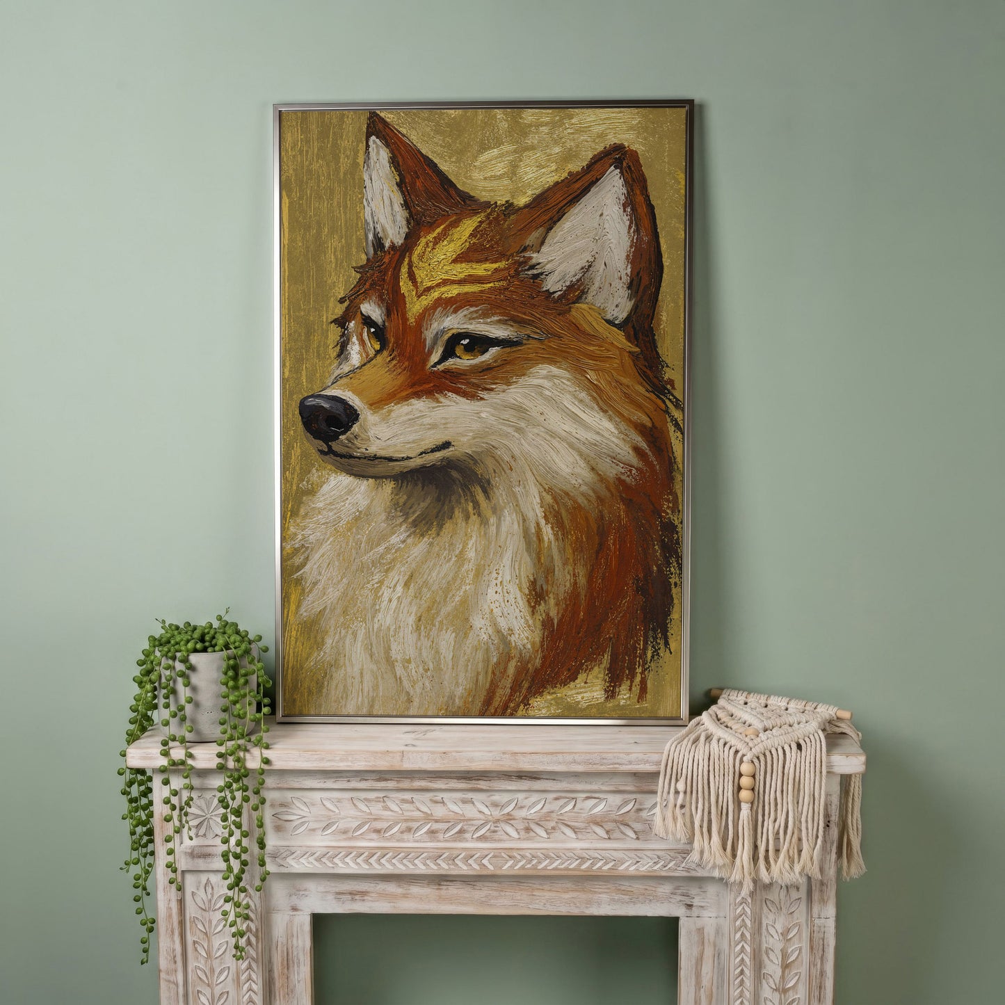 Fox Portrait Canvas Wall Art, Wildlife Animal Print in silver floating frame