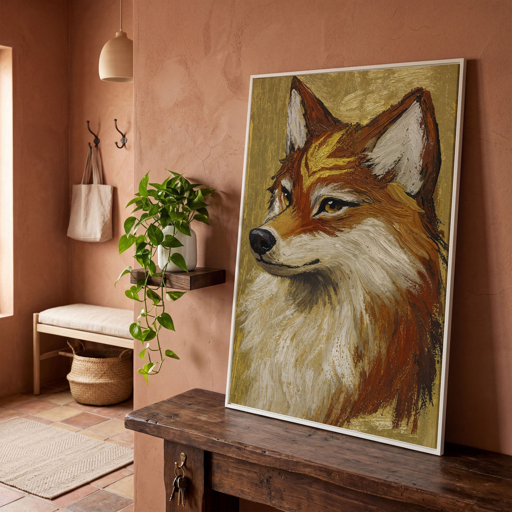 Fox Portrait Canvas Wall Art, Wildlife Animal Print in white floating frame