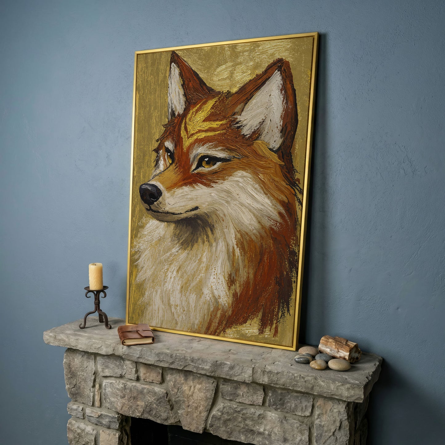 Fox Portrait Canvas Wall Art, Wildlife Animal Print in yellow gold floating frame