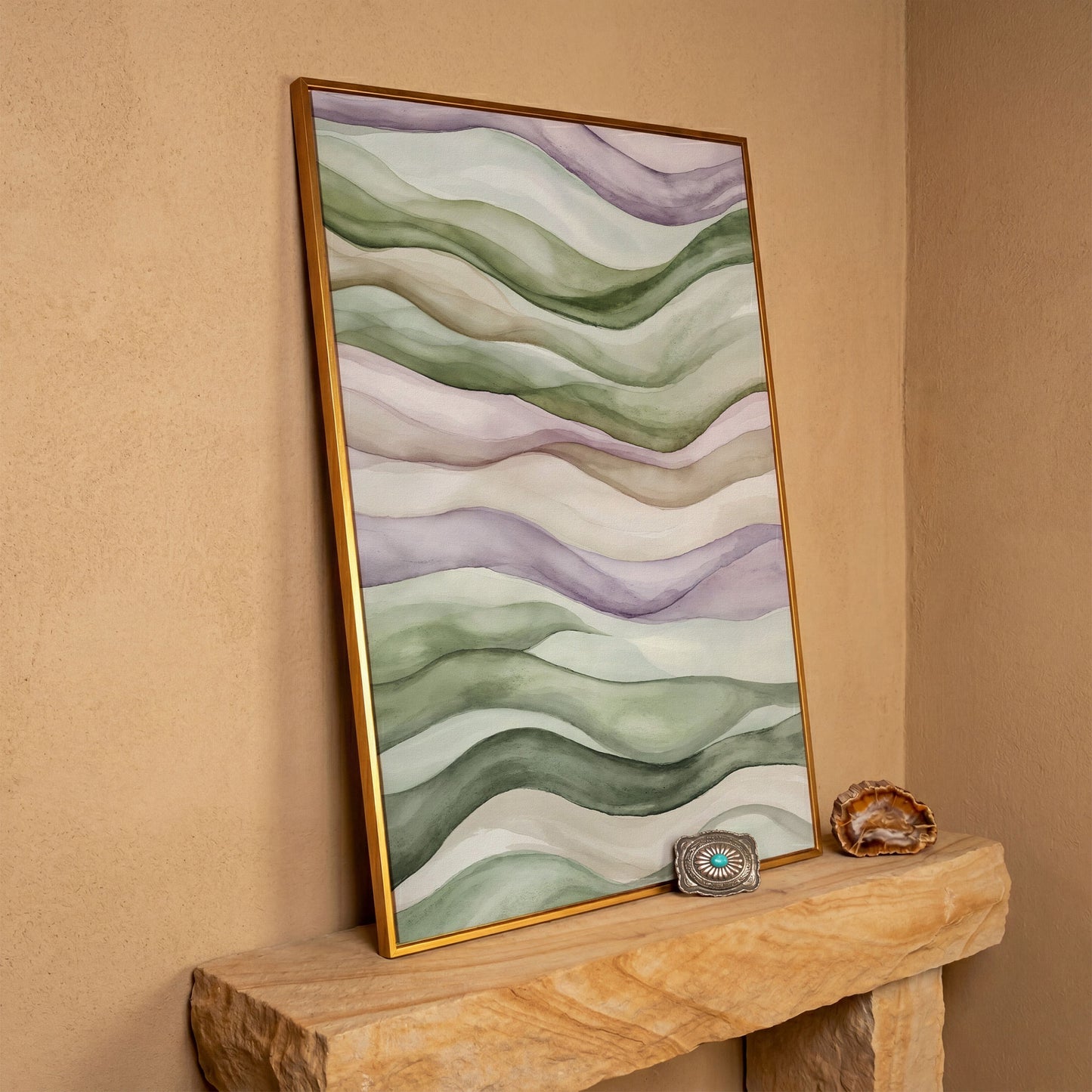 Abstract Wavy Lines Canvas Wall Art, Portrait in antique gold floating frame