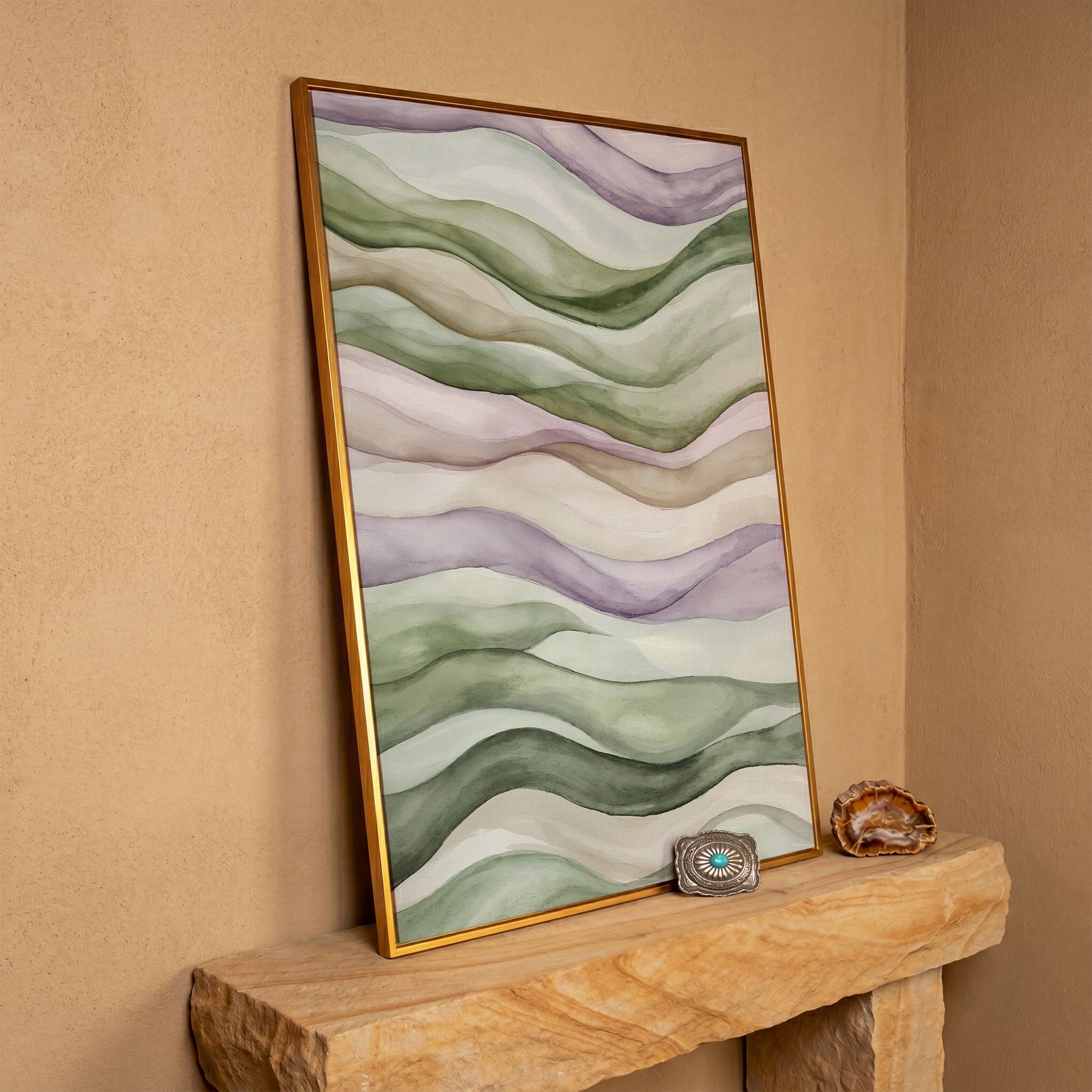 Abstract Wavy Lines Canvas Wall Art, Portrait in antique gold floating frame