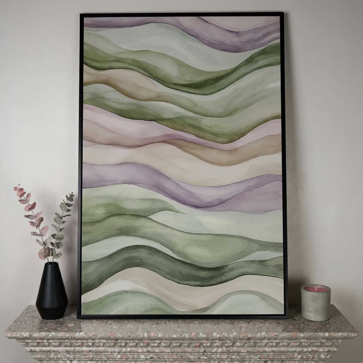 Abstract Wavy Lines Canvas Wall Art, Portrait in black floating frame