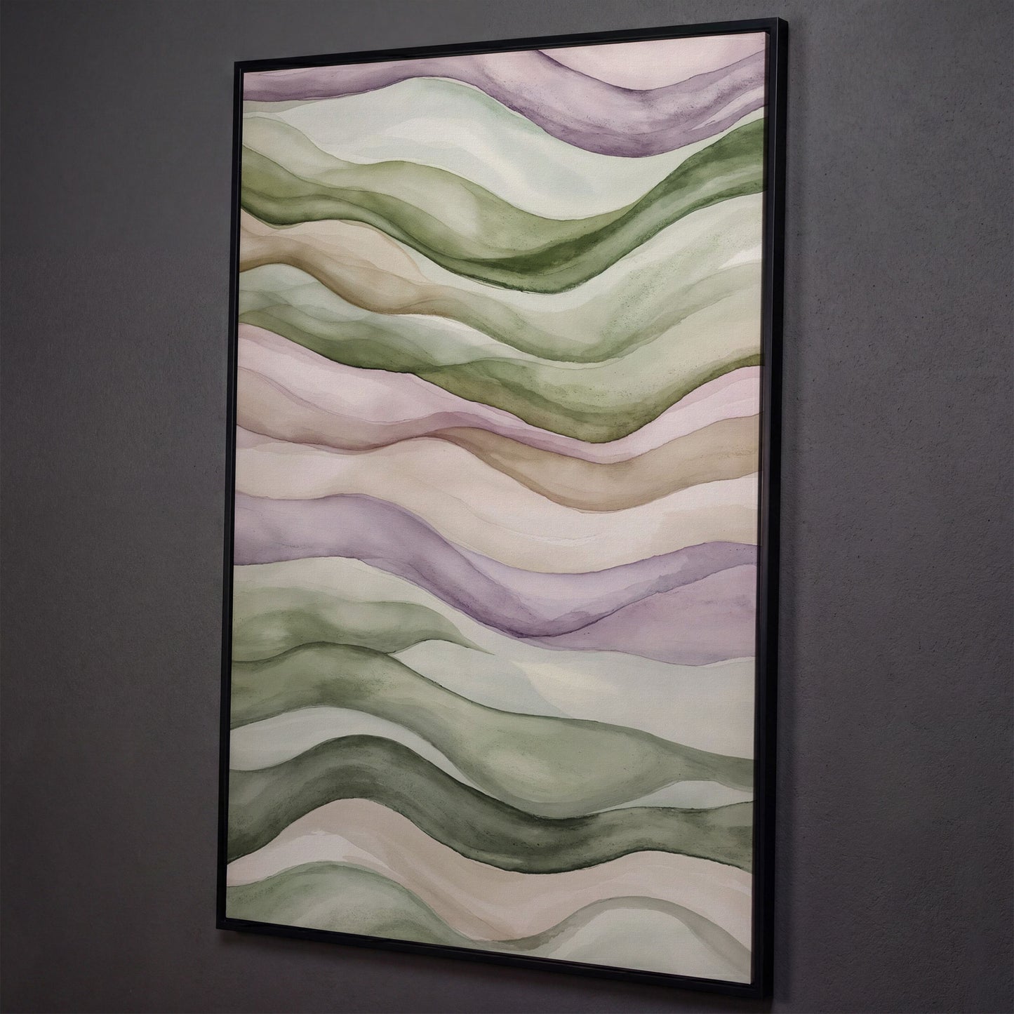Abstract Wavy Lines Canvas Wall Art, Portrait shown in black floating frame