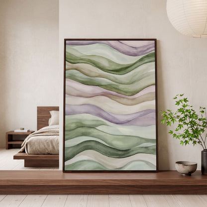 Abstract Wavy Lines Canvas Wall Art, Portrait in dark walnut floating frame