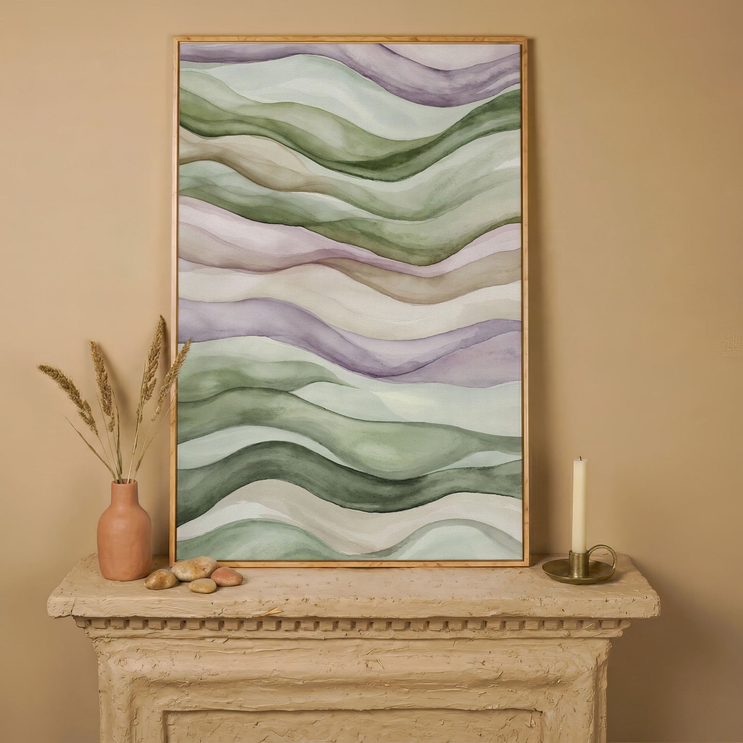 Abstract Wavy Lines Canvas Wall Art, Portrait in white oak floating frame