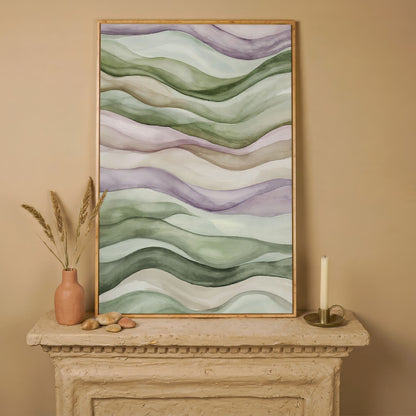 Abstract Wavy Lines Canvas Wall Art, Portrait in white oak floating frame