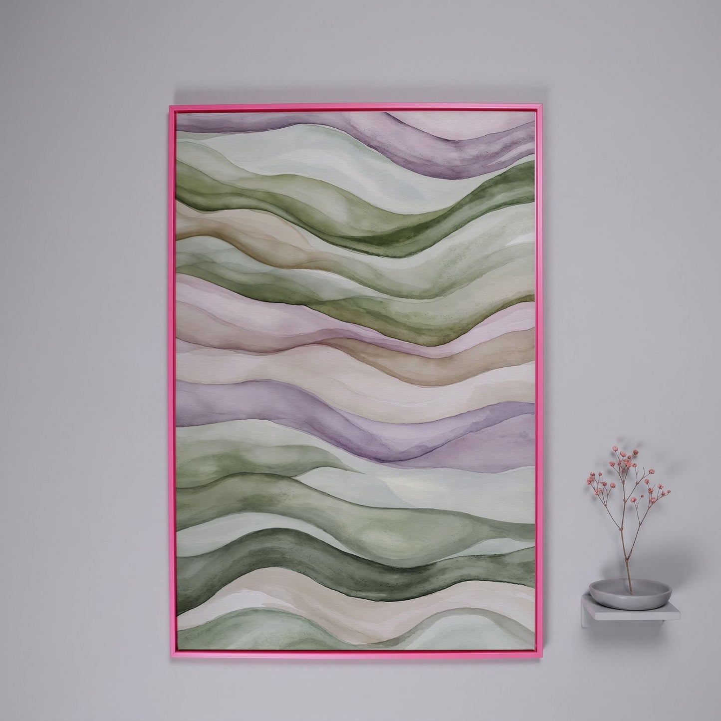 Abstract Wavy Lines Canvas Wall Art, Portrait in pink floating frame