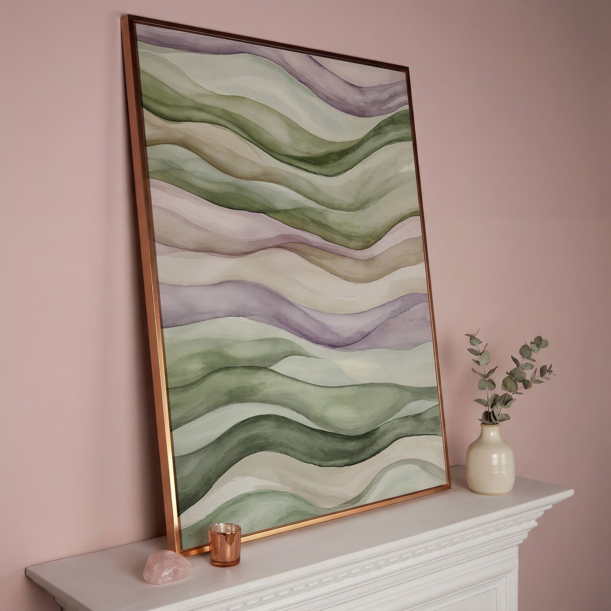 Abstract Wavy Lines Canvas Wall Art, Portrait in rose gold floating frame
