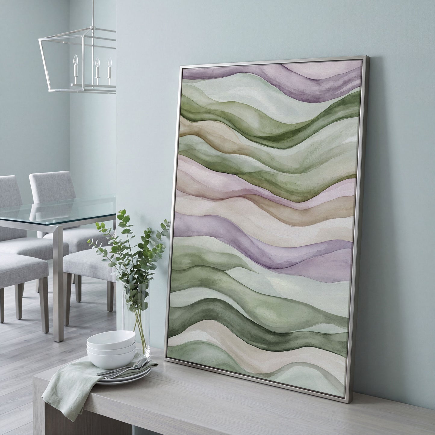 Abstract Wavy Lines Canvas Wall Art, Portrait in silver floating frame