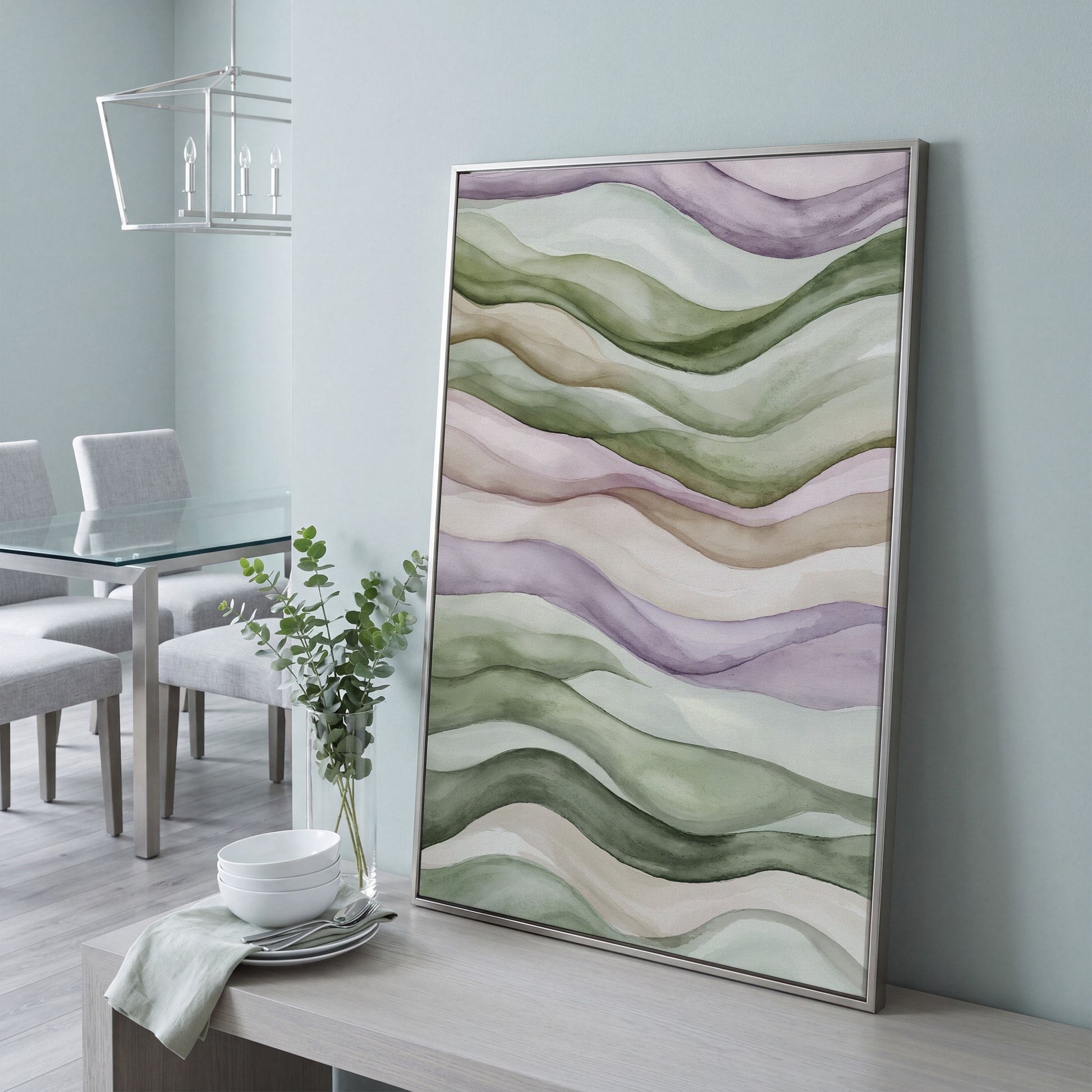 Abstract Wavy Lines Canvas Wall Art, Portrait in silver floating frame