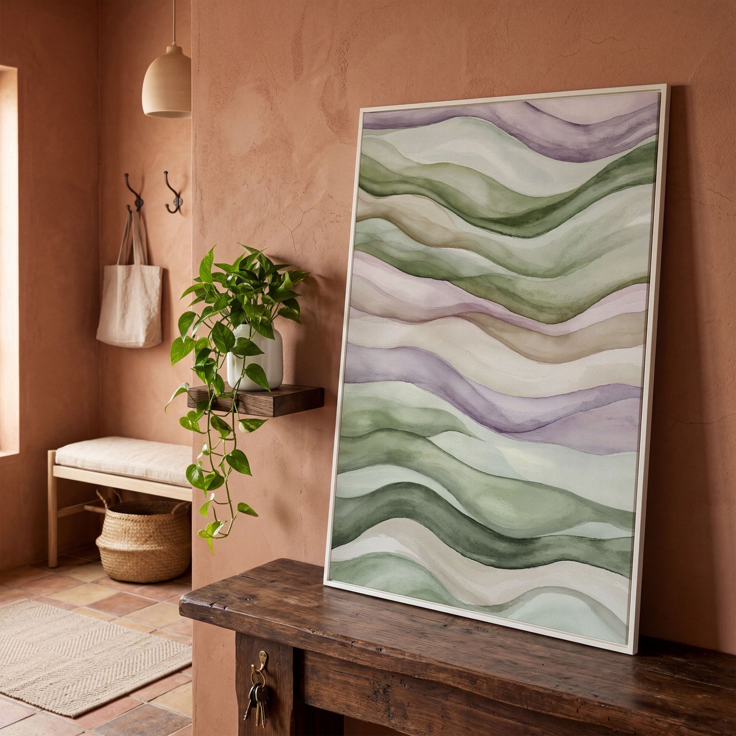 Abstract Wavy Lines Canvas Wall Art, Portrait in white floating frame