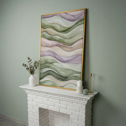Abstract Wavy Lines Canvas Wall Art, Portrait in yellow gold floating frame