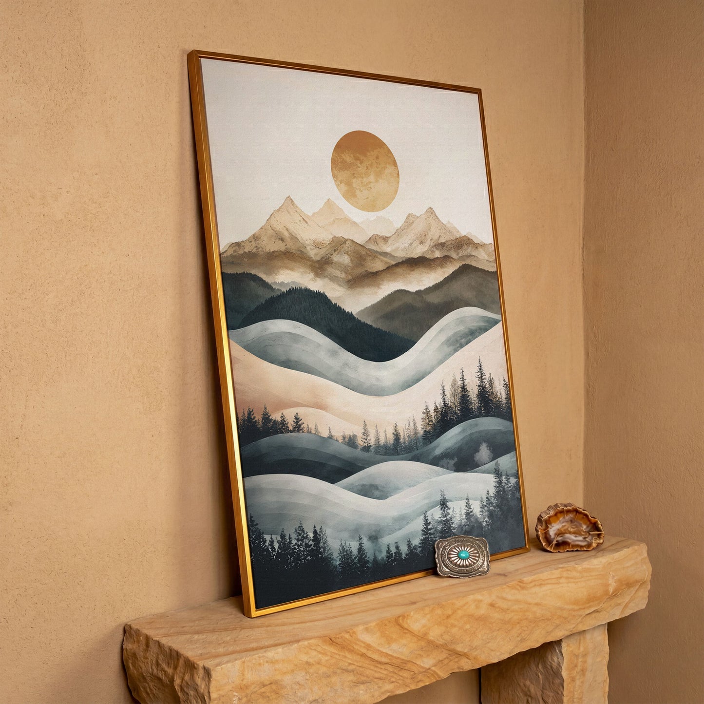Mountain Landscape with Sun and Forest Canvas Wall Art in antique gold floating frame