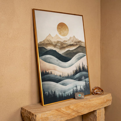 Mountain Landscape with Sun and Forest Canvas Wall Art in antique gold floating frame