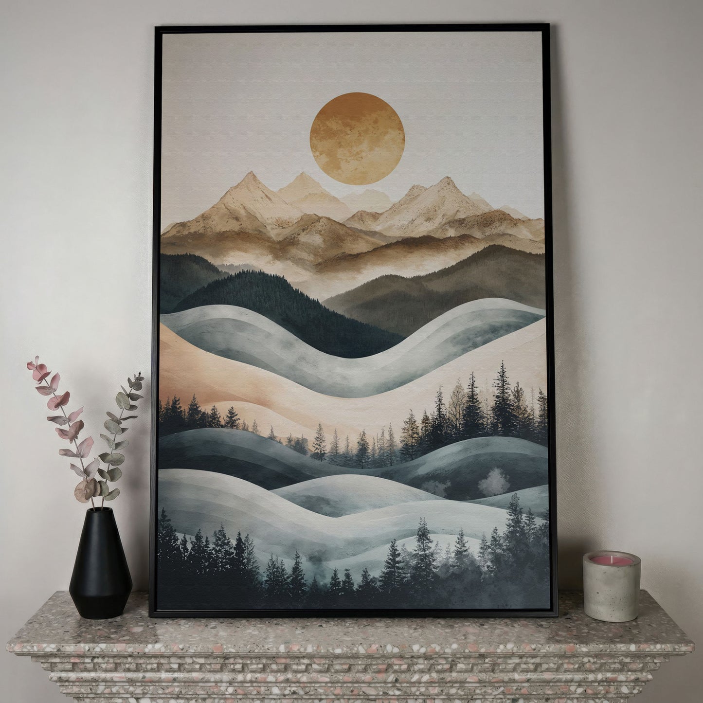 Mountain Landscape with Sun and Forest Canvas Wall Art in black floating frame