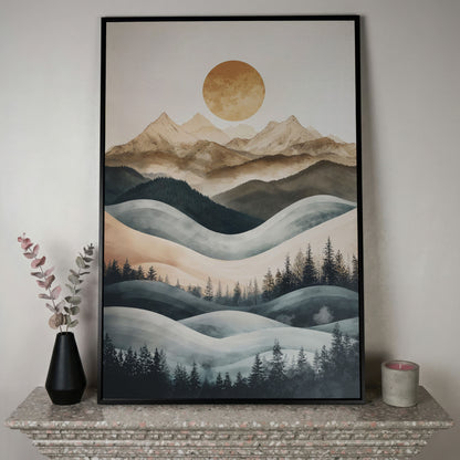 Mountain Landscape with Sun and Forest Canvas Wall Art in black floating frame