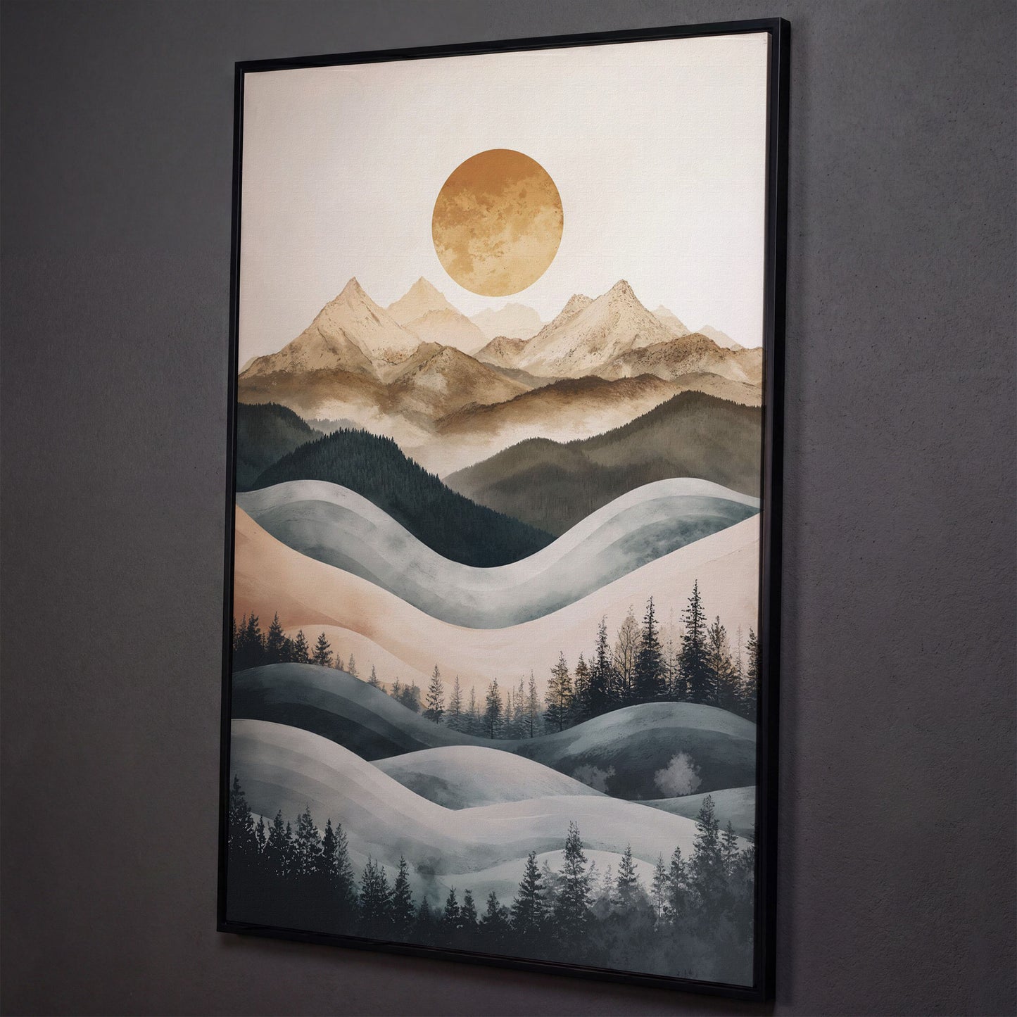 Mountain Landscape with Sun and Forest Canvas Wall Art shown in black floating frame