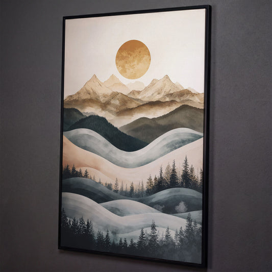Mountain Landscape with Sun and Forest Canvas Wall Art shown in black floating frame