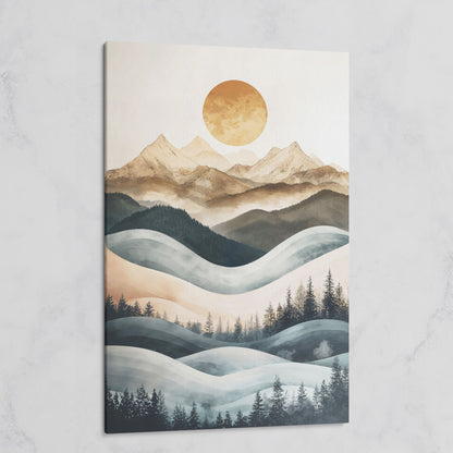 Mountain Landscape with Sun and Forest Canvas Wall Art on gallery wrap