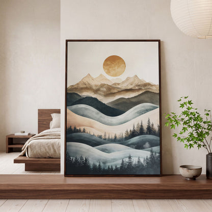 Mountain Landscape with Sun and Forest Canvas Wall Art in dark walnut floating frame