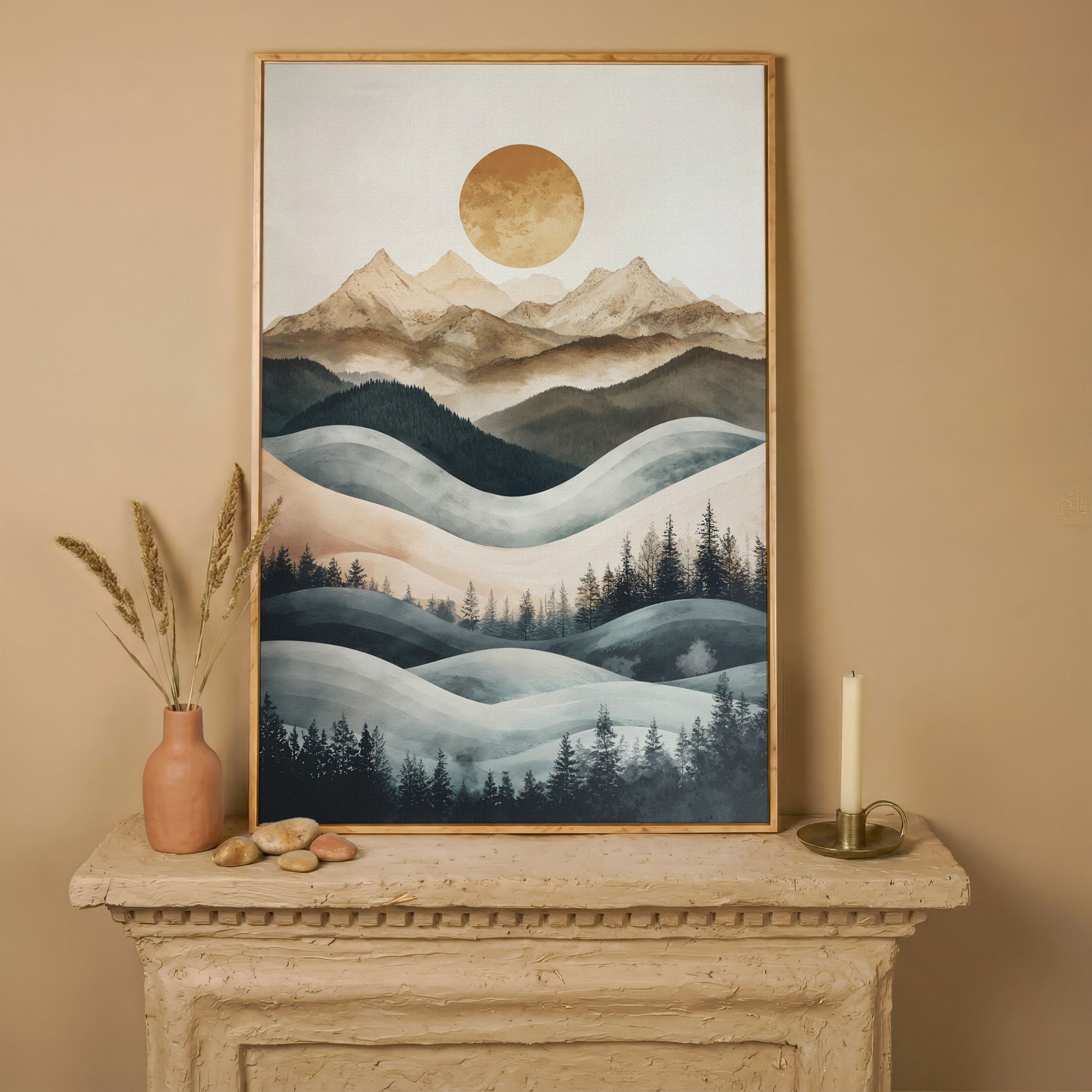 Mountain Landscape with Sun and Forest Canvas Wall Art in white oak floating frame