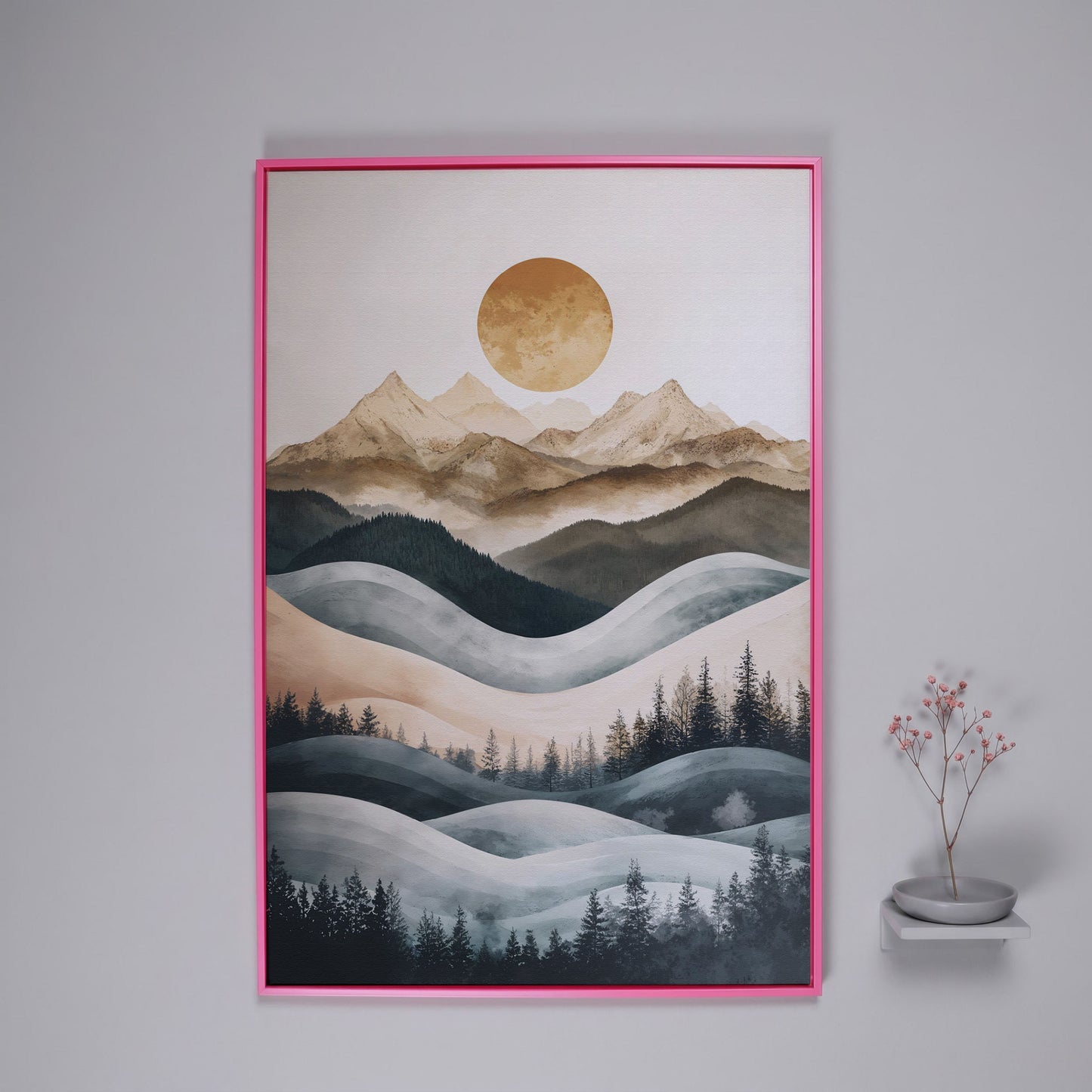 Mountain Landscape with Sun and Forest Canvas Wall Art in pink floating frame