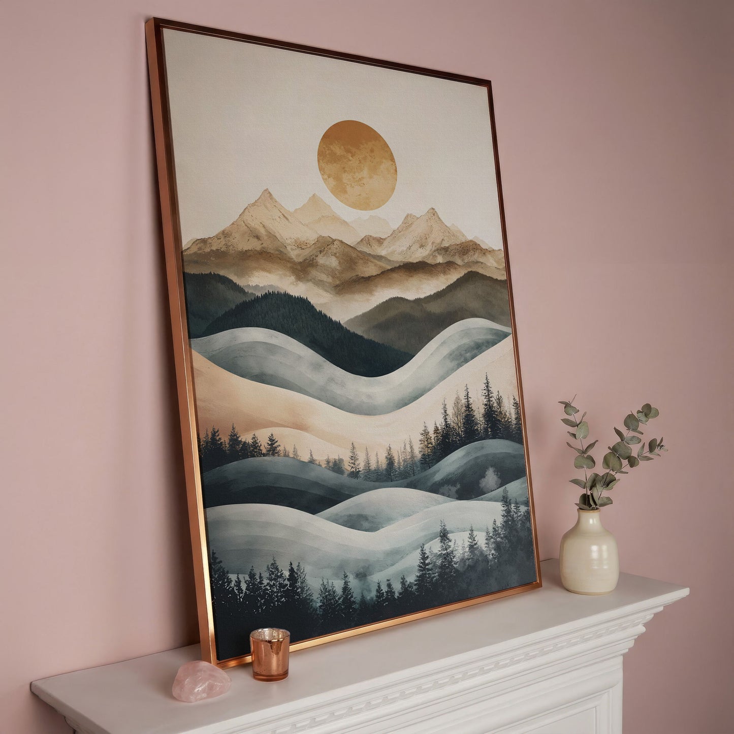 Mountain Landscape with Sun and Forest Canvas Wall Art in rose gold floating frame