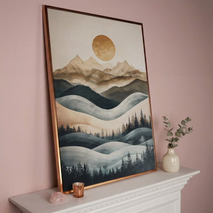 Mountain Landscape with Sun and Forest Canvas Wall Art in rose gold floating frame