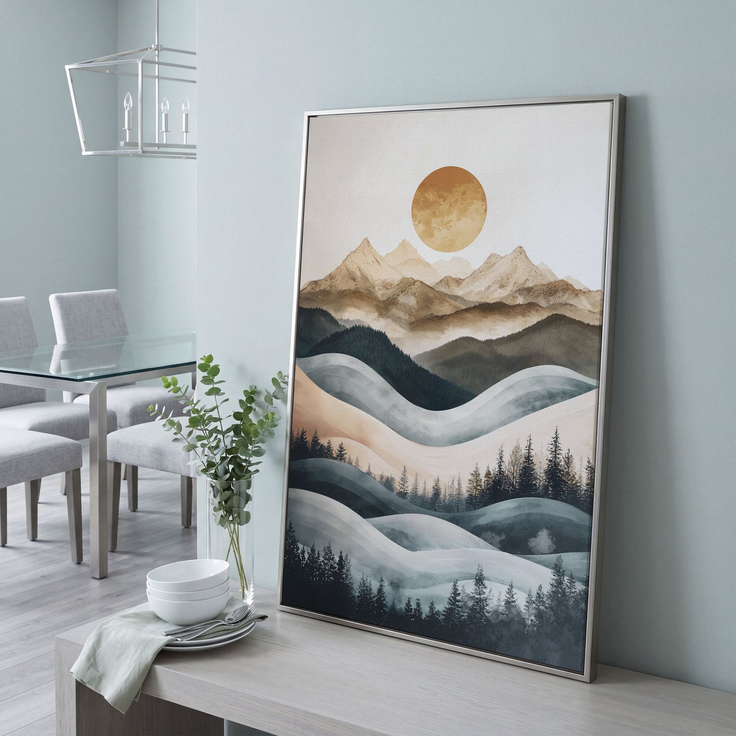 Mountain Landscape with Sun and Forest Canvas Wall Art in silver floating frame