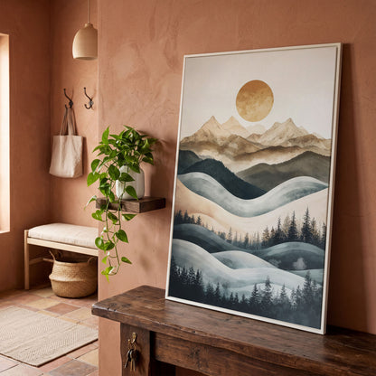 Mountain Landscape with Sun and Forest Canvas Wall Art in white floating frame