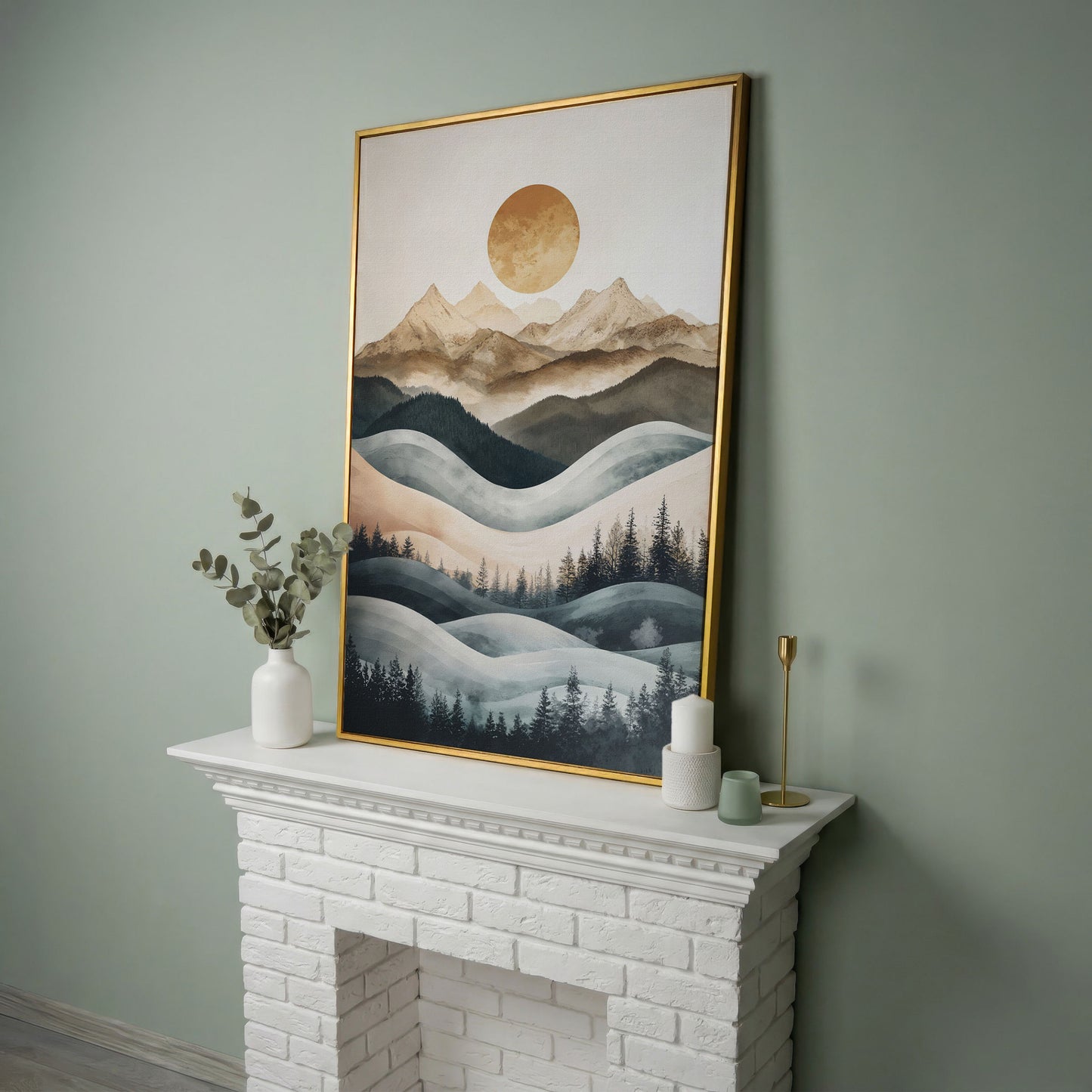 Mountain Landscape with Sun and Forest Canvas Wall Art in yellow gold floating frame