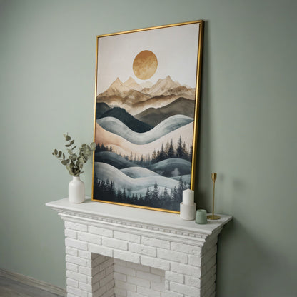 Mountain Landscape with Sun and Forest Canvas Wall Art in yellow gold floating frame