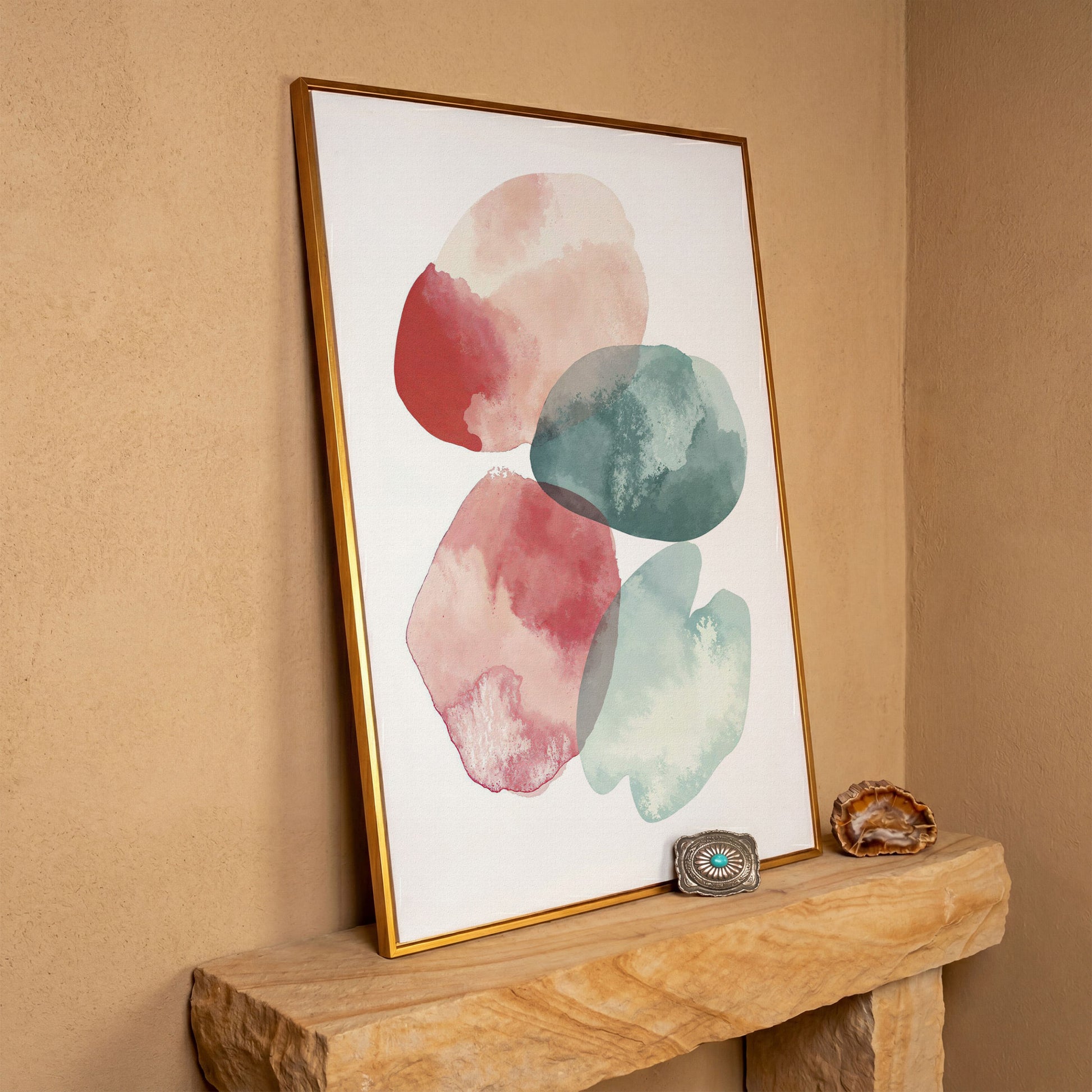 Abstract Pebble Forms Canvas Print, Portrait Wall Art in antique gold floating frame