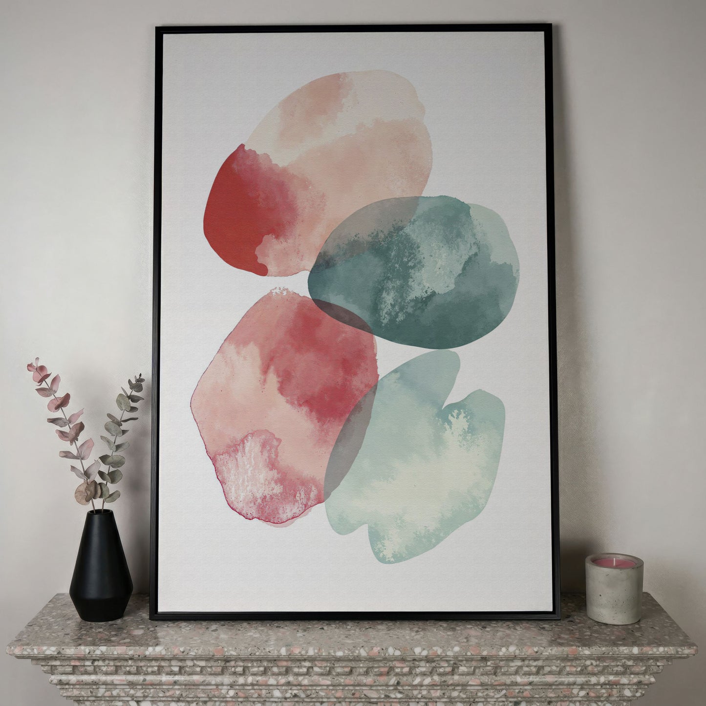 Abstract Pebble Forms Canvas Print, Portrait Wall Art in black floating frame