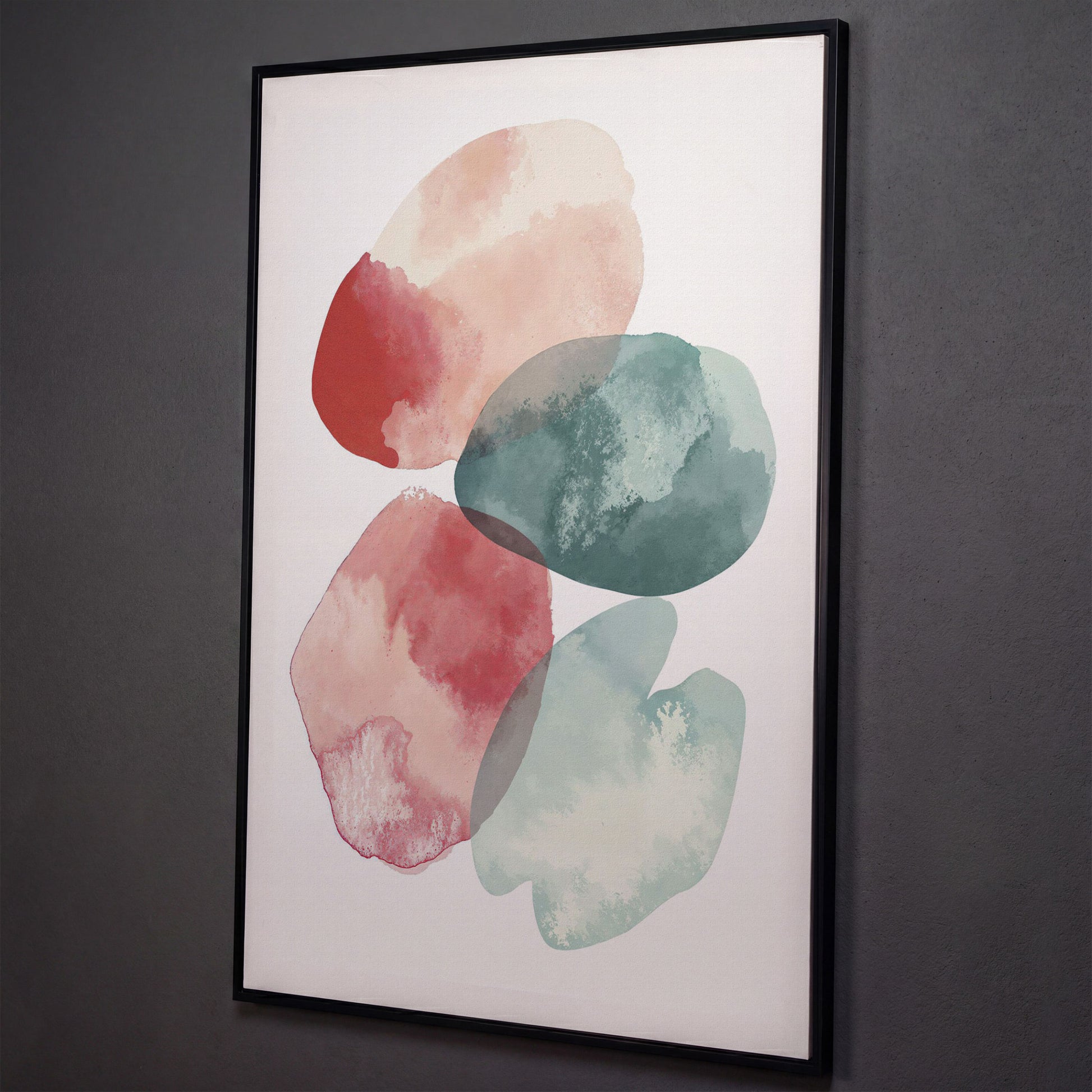 Abstract Pebble Forms Canvas Print, Portrait Wall Art shown in black floating frame