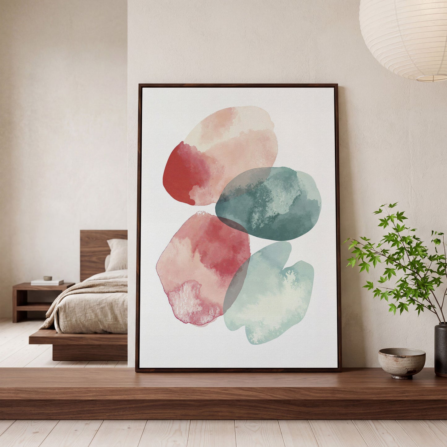 Abstract Pebble Forms Canvas Print, Portrait Wall Art in dark walnut floating frame