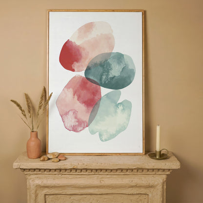 Abstract Pebble Forms Canvas Print, Portrait Wall Art in white oak floating frame